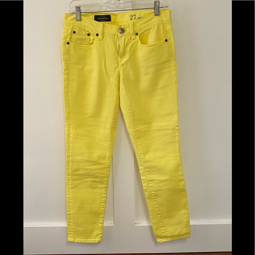 Yellow JCrew Toothpick jeans.